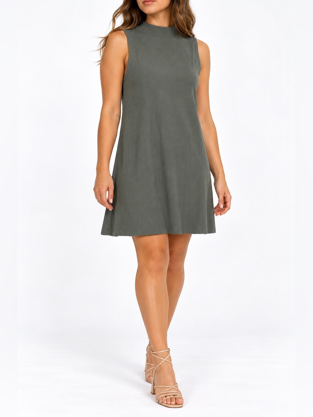 Olive Green Ribbed Mock Neck Mini Dress Cocktail Sleeveless Stretchy Size M Zara